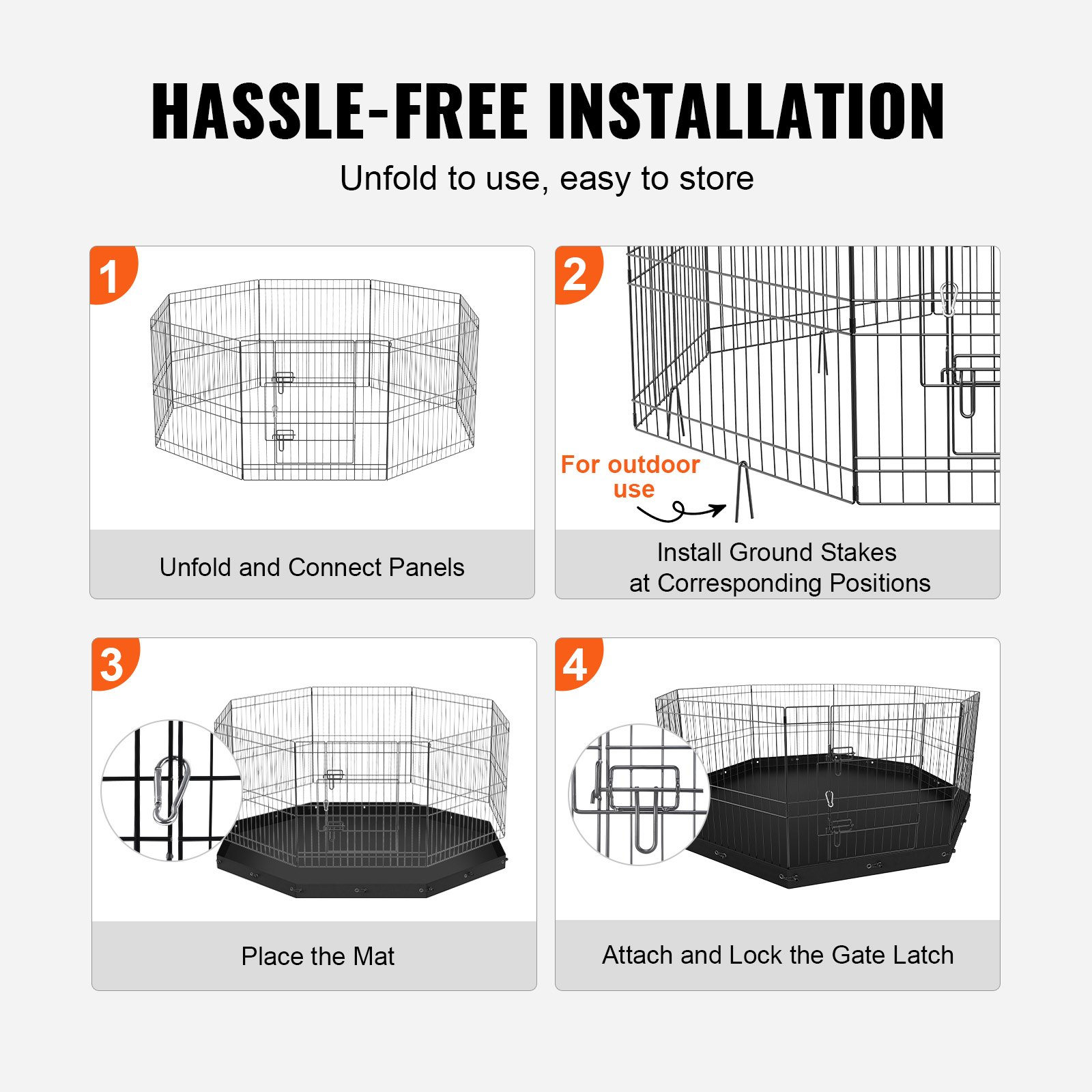 VEVOR Dog Playpen, 8 Panels Foldable Metal Dog Exercise Pen with Bottom Pad, 24" H Pet Fence Puppy Crate Kennel with Ground Stakes, Indoor Outdoor Dog Pen for Small Medium Pets, for Camping, Yard