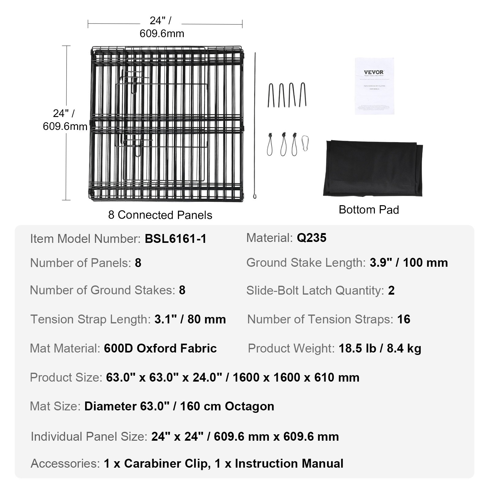 VEVOR Dog Playpen, 8 Panels Foldable Metal Dog Exercise Pen with Bottom Pad, 24" H Pet Fence Puppy Crate Kennel with Ground Stakes, Indoor Outdoor Dog Pen for Small Medium Pets, for Camping, Yard