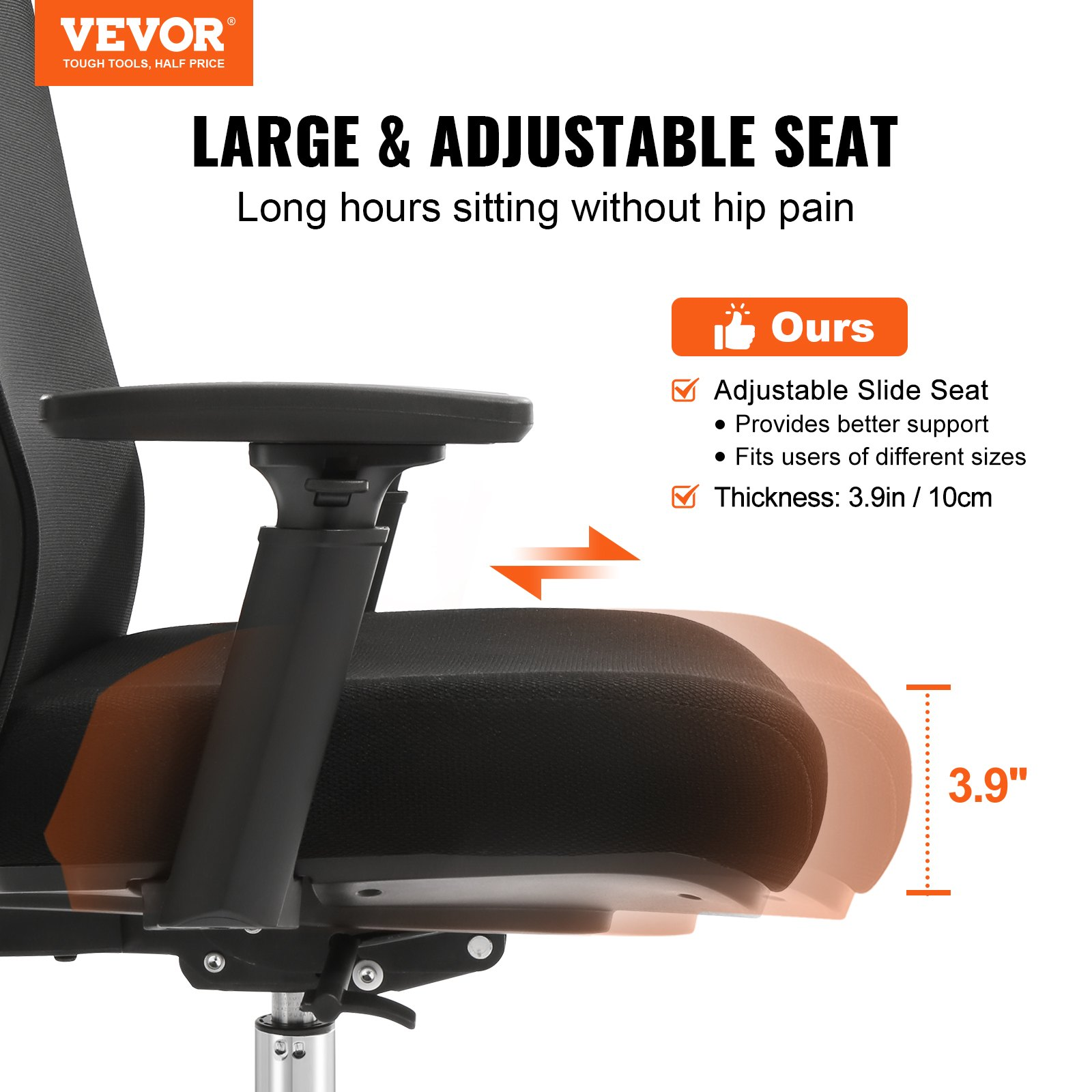 VEVOR Ergonomic Office Chair with Slide Seat, Desk Chair with Mesh Seat, Angle and Height Adjustable Home Office Chair with Back and Lumbar Support, Swivel Computer Task Chair