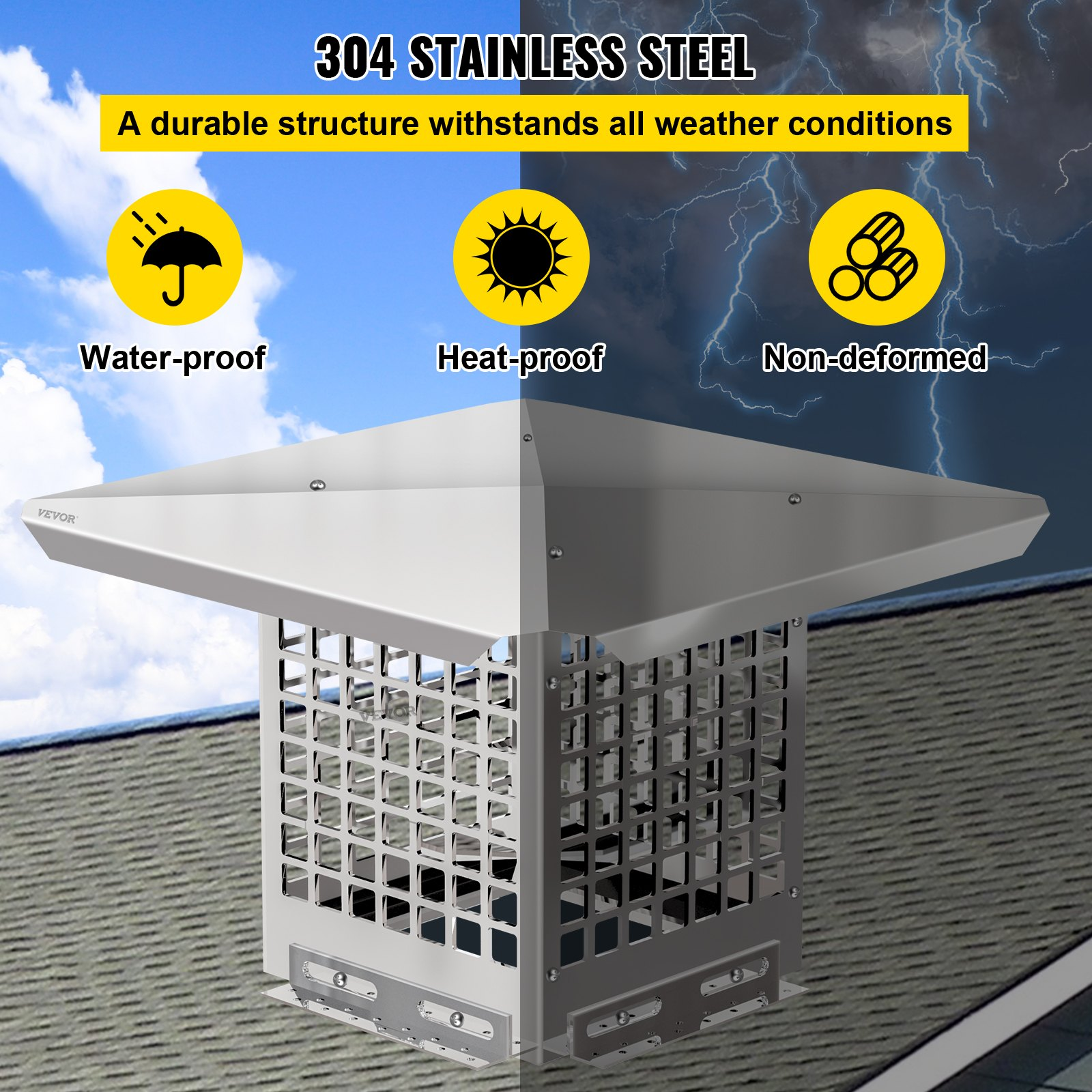 VEVOR Chimney Cap, 8" x 8" Flue Caps, 304 Stainless Steel Fireplace Chimney Cover, Adjustable Metal Spark Arrestor with Bolts Screws, Mesh Chimney Flue Cover for Outside Existing Clay Flue Tile