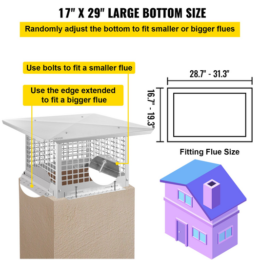 VEVOR Chimney Cap, 17" x 29" Flue Caps, 304 Stainless Steel Fireplace Chimney Cover, Adjustable Metal Spark Arrestor with Bolts Screws, Mesh Chimney Flue Cover for Outside Existing Clay Flue Tile