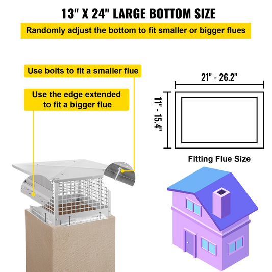VEVOR Chimney Cap, 13" x 24" Flue Caps, 304 Stainless Steel Fireplace Chimney Cover, Adjustable Metal Spark Arrestor with Bolts Screws, Mesh Chimney Flue Cover for Outside Existing Clay Flue Tile