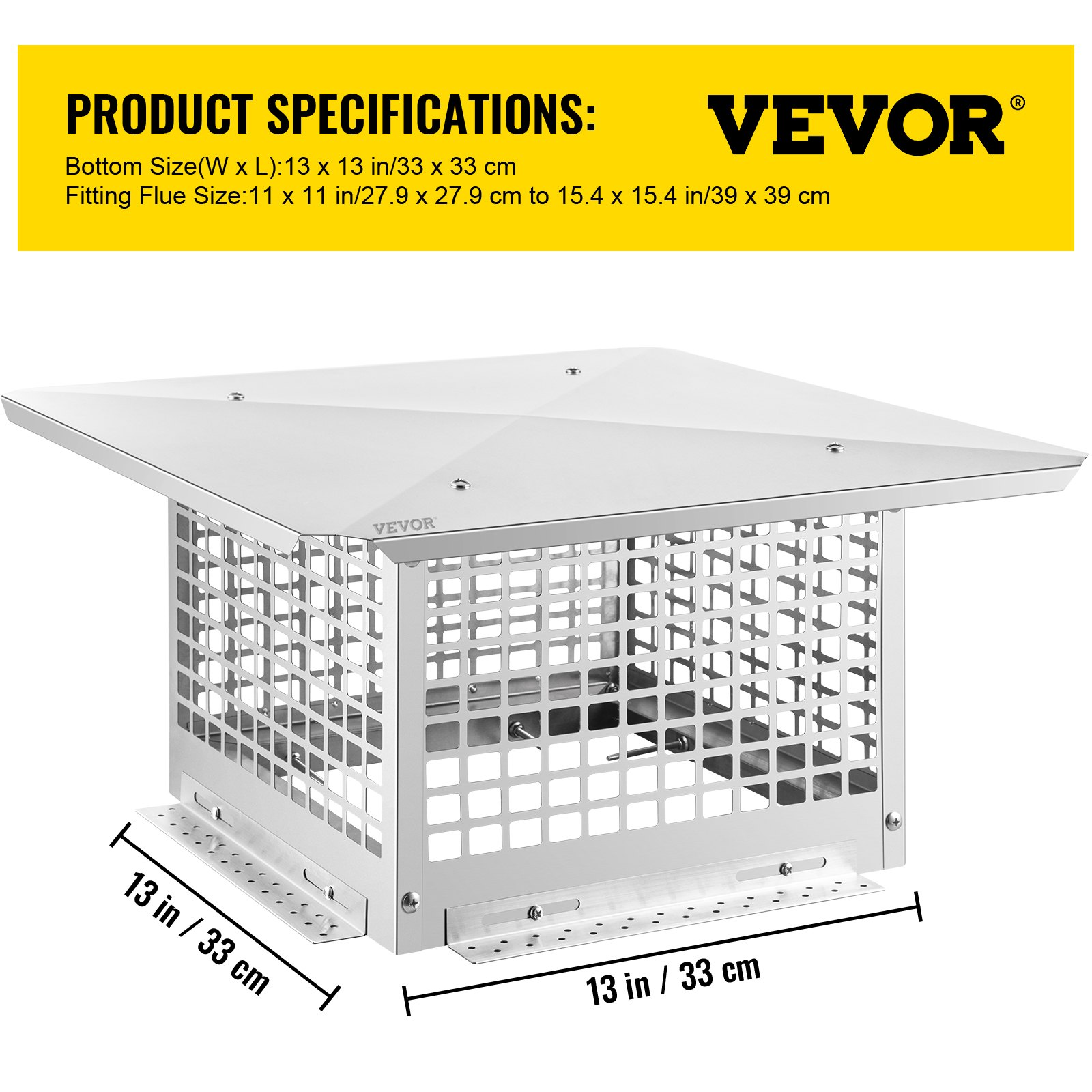 VEVOR Chimney Cap, 13" x 13" Flue Caps, 304 Stainless Steel Fireplace Chimney Cover, Adjustable Metal Spark Arrestor with Bolts Screws, Mesh Chimney Flue Cover for Outside Existing Clay Flue Tile