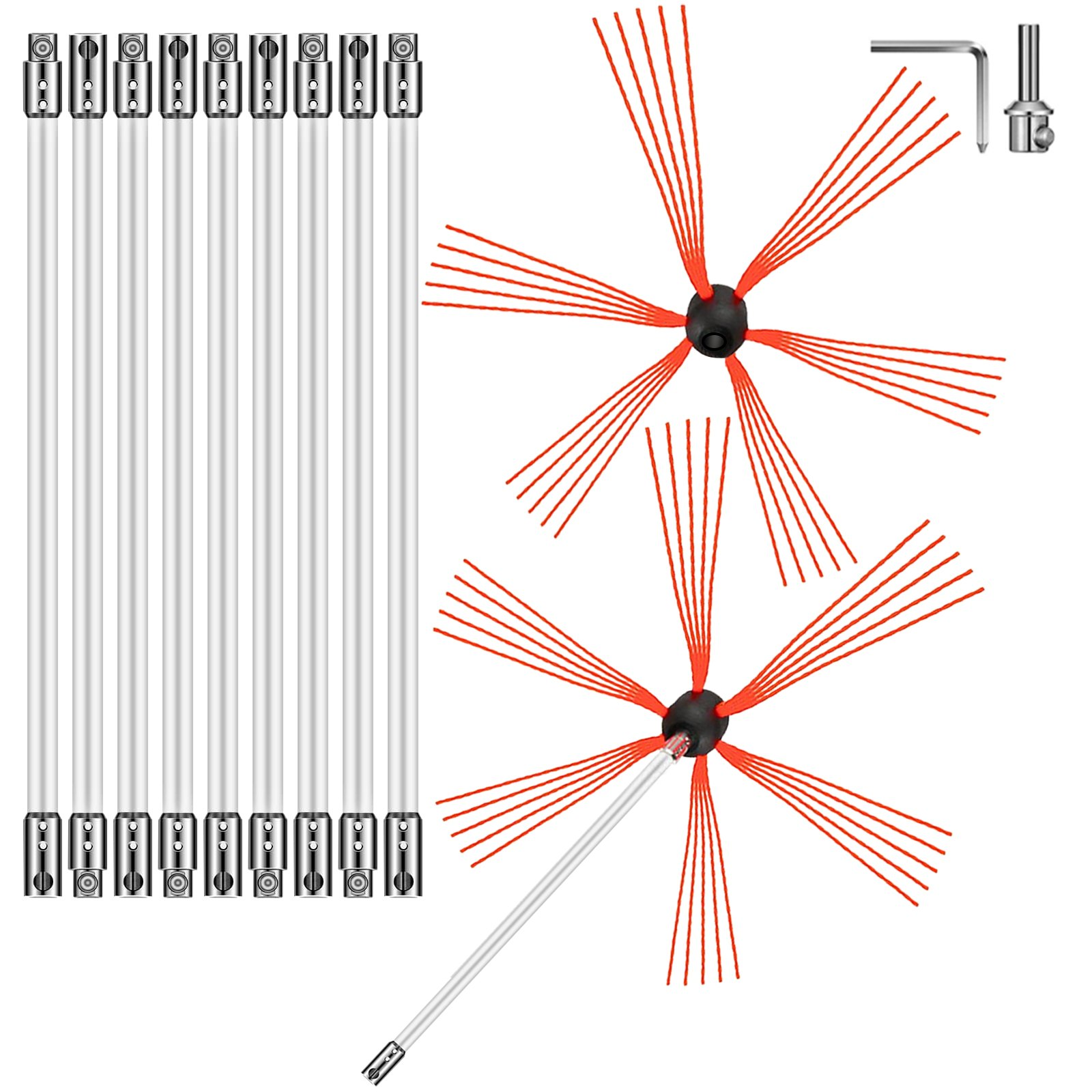 VEVOR Chimney Sweep Kit 33FT Length, Chimney Brush Kit with 10 Nylon Flexible Rods and 2 Brush Head, Rotary Chimney Cleaning Kit Driven by Drill, Chimney Brush Rod Kit for Cleaning Fireplace