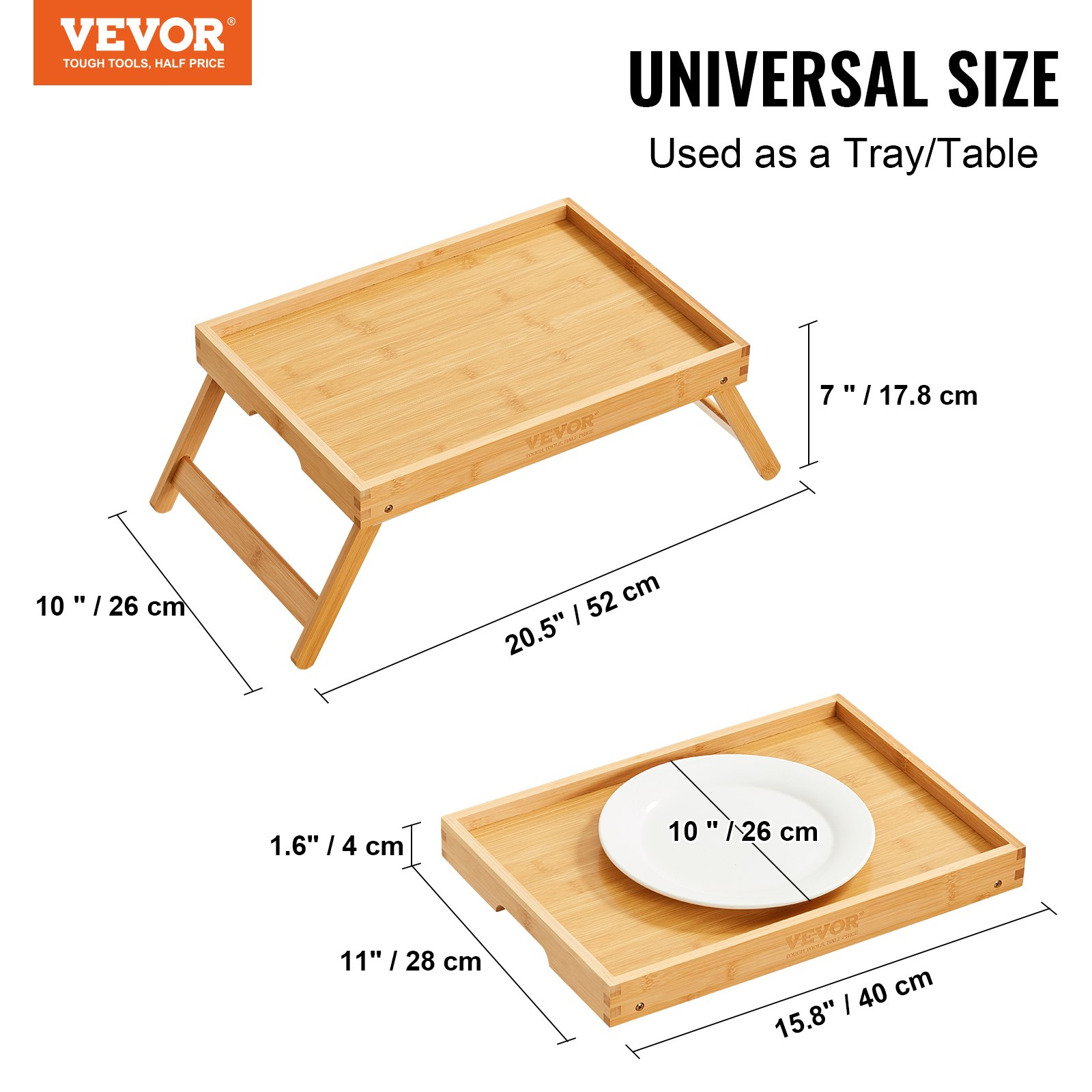 VEVOR Bed Tray Table with Foldable Legs, Bamboo Breakfast Tray for Sofa, Bed, Eating, Snacking, and Working, Folding Serving Laptop Desk Tray, Portable Food Snack Platter for Picnic, 15.7" x 11"