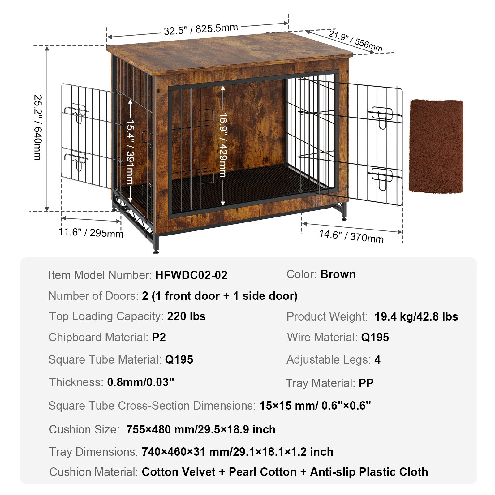 VEVOR Dog Crate Furniture, 32 inch Wooden Dog Crate with Double Doors, Heavy-Duty Dog Cage End Table with Multi-Purpose Removable Tray, Modern Dog Kennel Indoor for Dogs up to 45lb, Rustic Brown