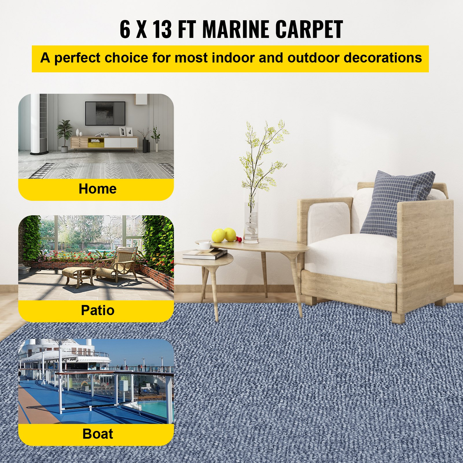 VEVOR Gray Marine Carpet 6 ft x 13.1 ft Boat Carpet Rugs Indoor Outdoor Rugs for Patio Deck Anti-Slide TPR Water-Proof Back Cut Outdoor Marine Carpeting Easy Clean Outdoor Carpet Roll