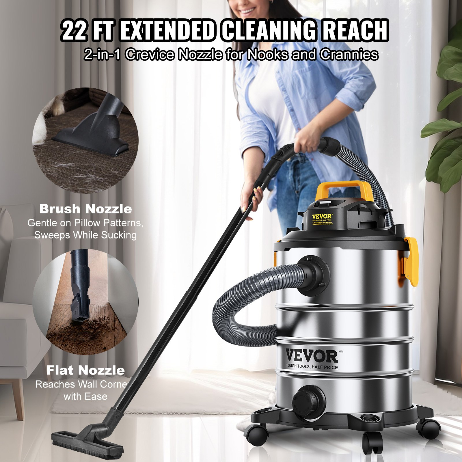 VEVOR Stainless Steel Wet Dry Shop Vacuum, 8 Gallon 6 Peak HP Wet/Dry Vac, Powerful Suction with Blower Function w/ Attachment 2-in-1 Crevice Nozzle, Small Shop Vac Perfect for Carpet Debris, Pet Hair