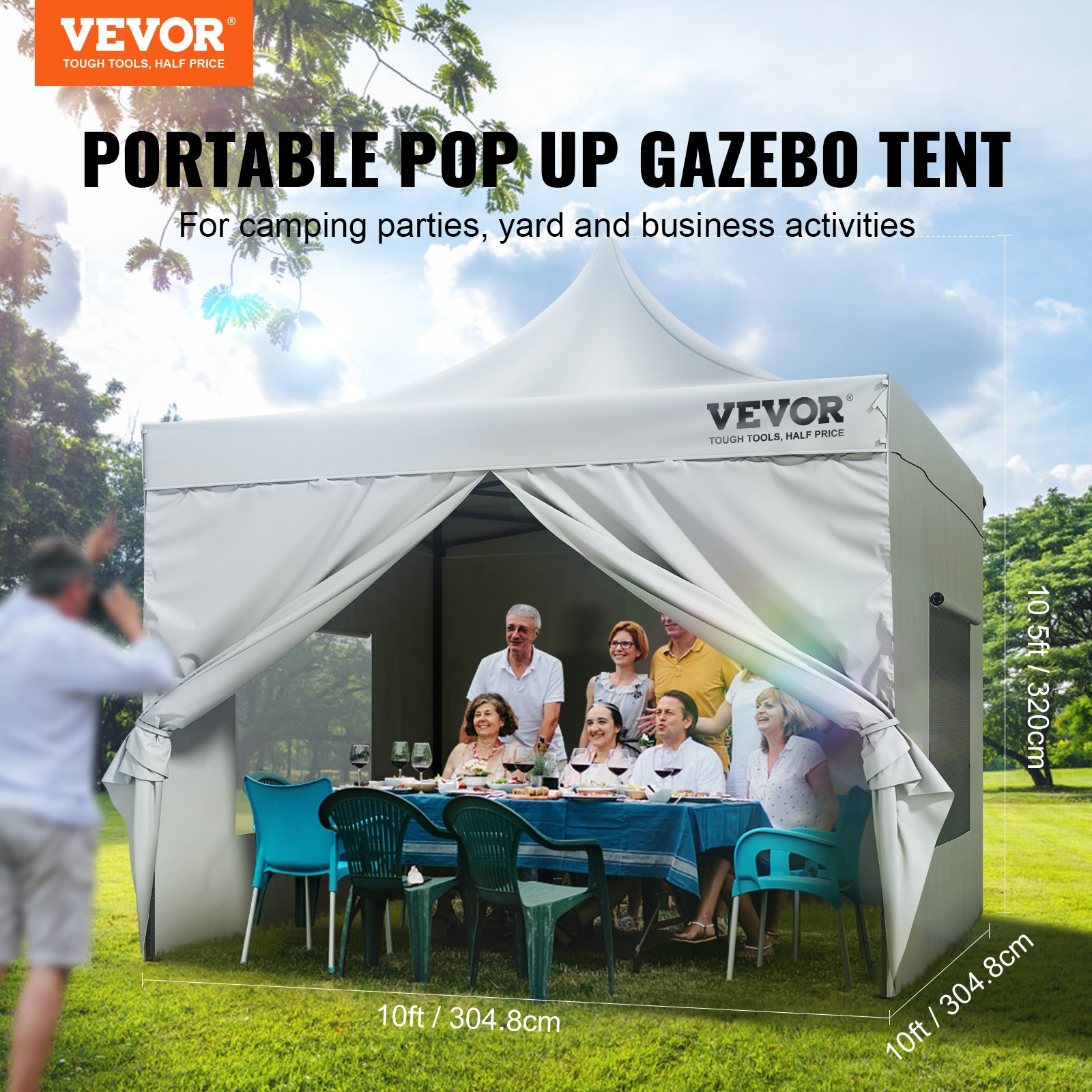 VEVOR 10x10 FT Pop up Canopy with Removable Sidewalls, Instant Canopies Portable Gazebo & Wheeled Bag, UV Resistant Waterproof, Enclosed Canopy Tent for Outdoor Events, Patio, Backyard, Party, Camping