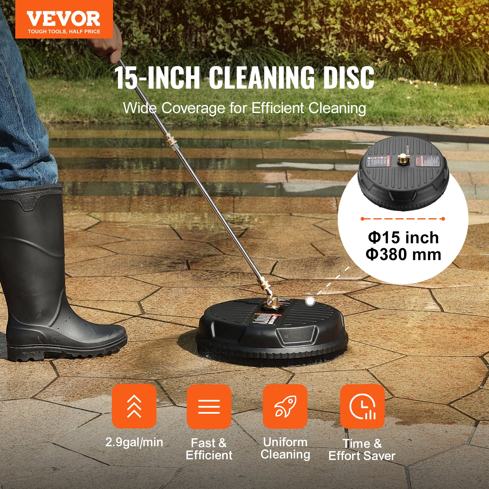 VEVOR Pressure Washer Surface Cleaner Universal 15", Pressure Washer Attachment 4000 Max PSI with 2 Extension Wand, 1/4" Quick-Connect Connector Power Concrete Cleaner, For Floor Driveway, Patio