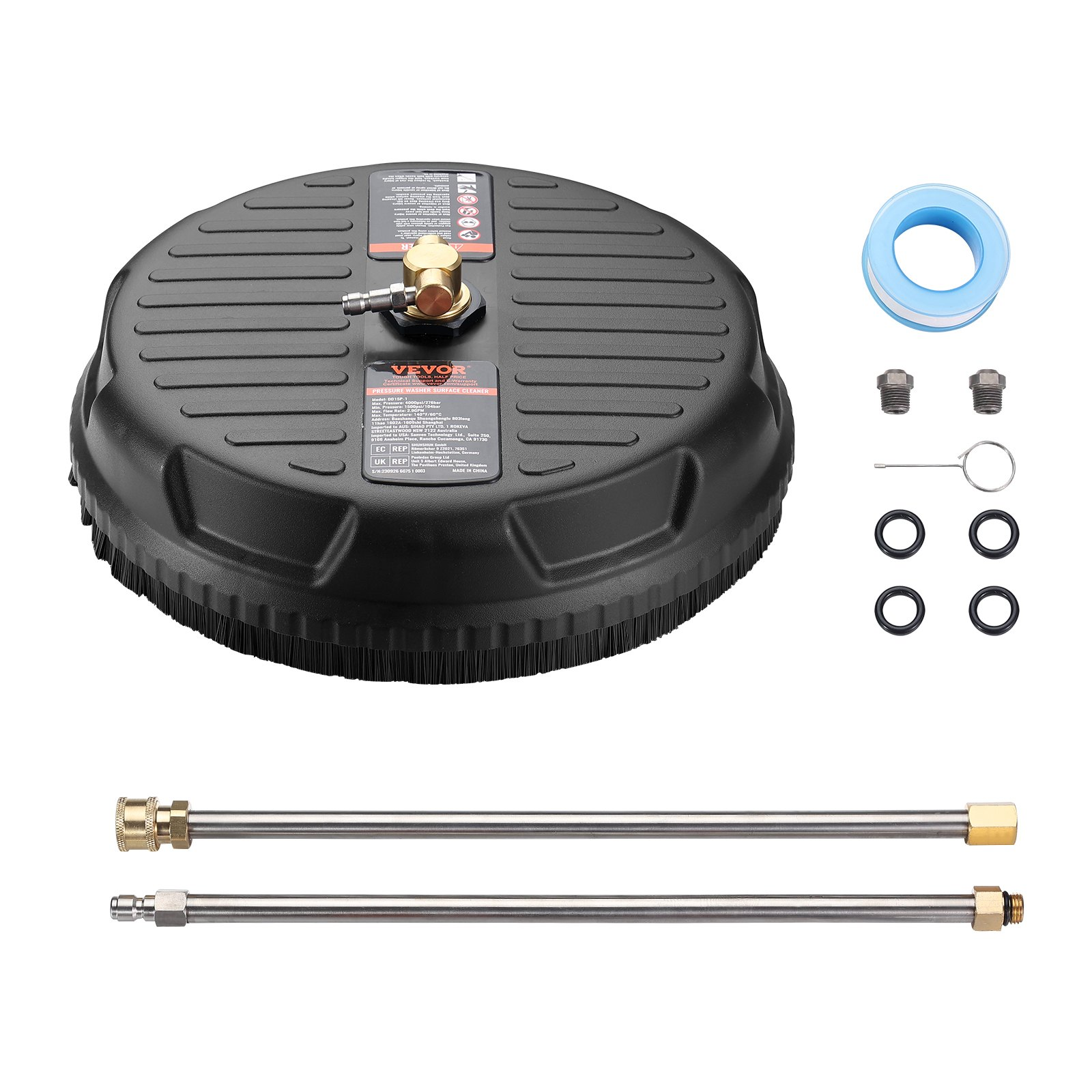 VEVOR Pressure Washer Surface Cleaner Universal 15", Pressure Washer Attachment 4000 Max PSI with 2 Extension Wand, 1/4" Quick-Connect Connector Power Concrete Cleaner, For Floor Driveway, Patio