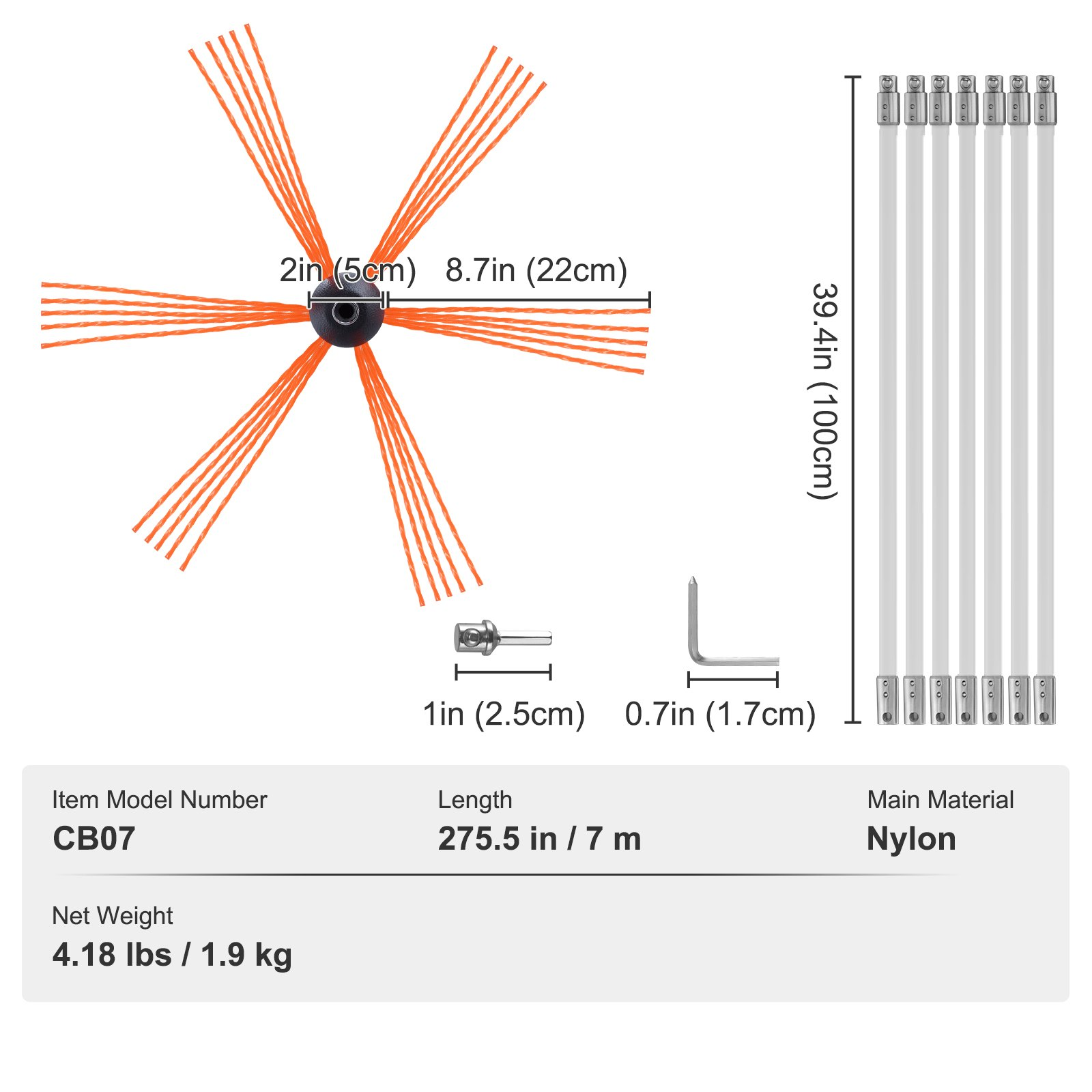 VEVOR 23 Feet Chimney Sweep Kit, w/ 7 Reinforced Nylon Flexible Rods, Ergonomic Chimney Cleaning Brush, 360-Degree Brush Chimney Cleaner, Rich Accessories for Fireplace Flue Home Use Fits most Pipes