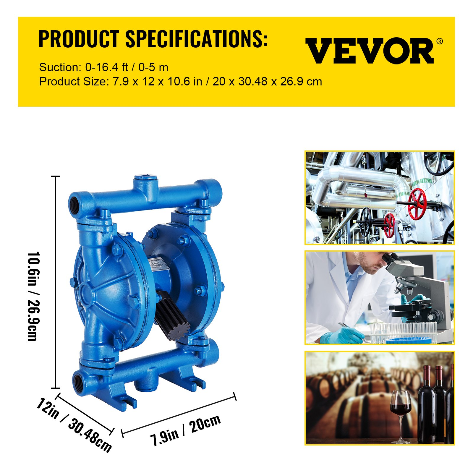 VEVOR Air-Operated Double Diaphragm Pump, 1/2 in Inlet & Outlet, Cast Iron Body, 3 GPM & Max 90 PSI, Nitrile Diaphragm Pneumatic Transfer Pump for Petroleum, Diesel, Oil & Low Viscosity Fluids