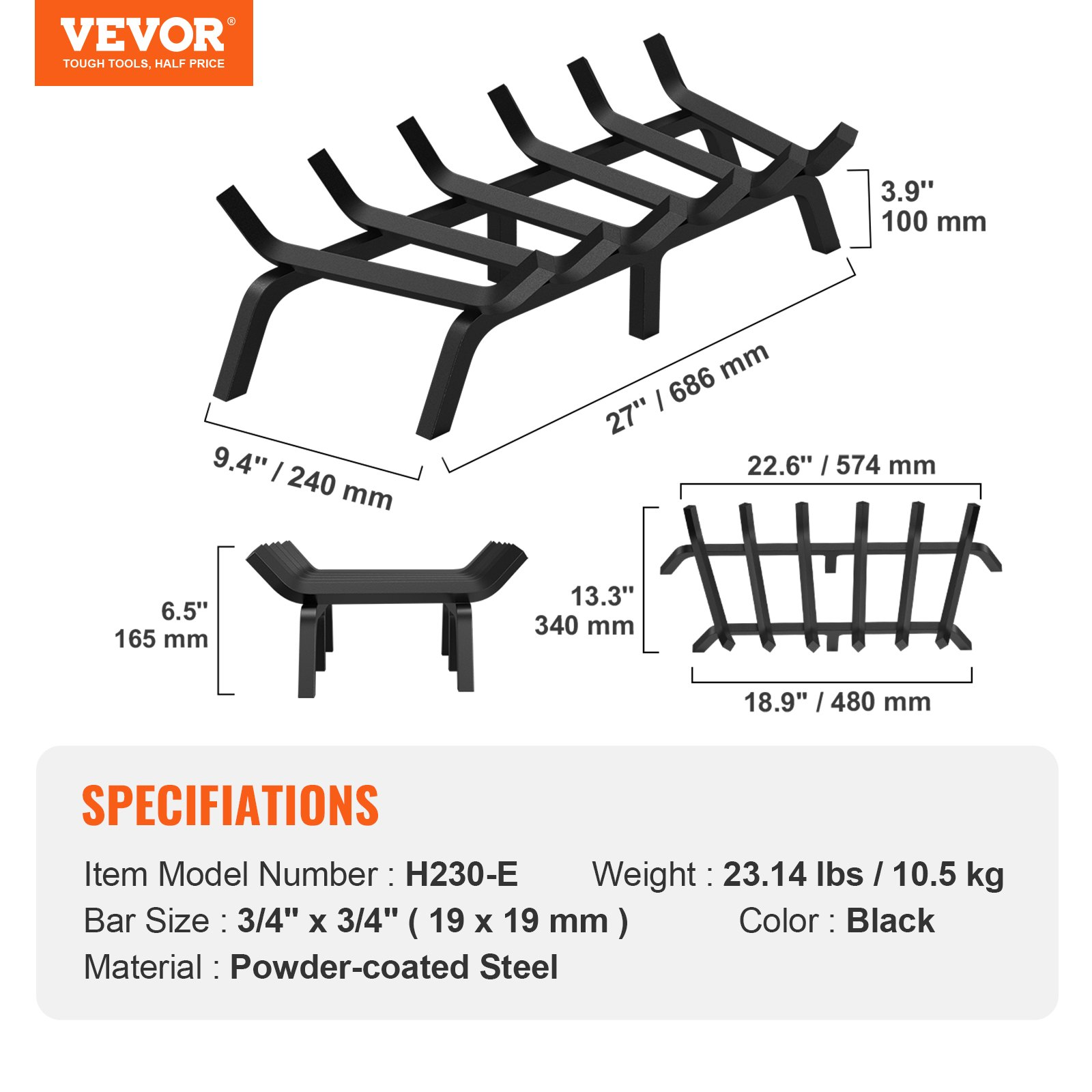 VEVOR Fireplace Log Grate, 27 inch Heavy Duty Fireplace Grate with 6 Support Legs, 3/4’’ Solid Powder-coated Steel Bars, Log Firewood Burning Rack Holder for Indoor and Outdoor Fireplace