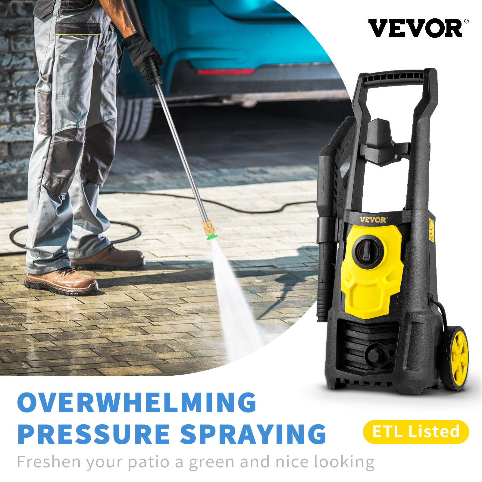 VEVOR Electric Pressure Washer, 2000 PSI, Max. 1.76 GPM Power Washer w/ 30 ft Hose, 5 Quick Connect Nozzles, Foam Cannon, Portable to Clean Patios, Cars, Fences, Driveways, ETL Listed