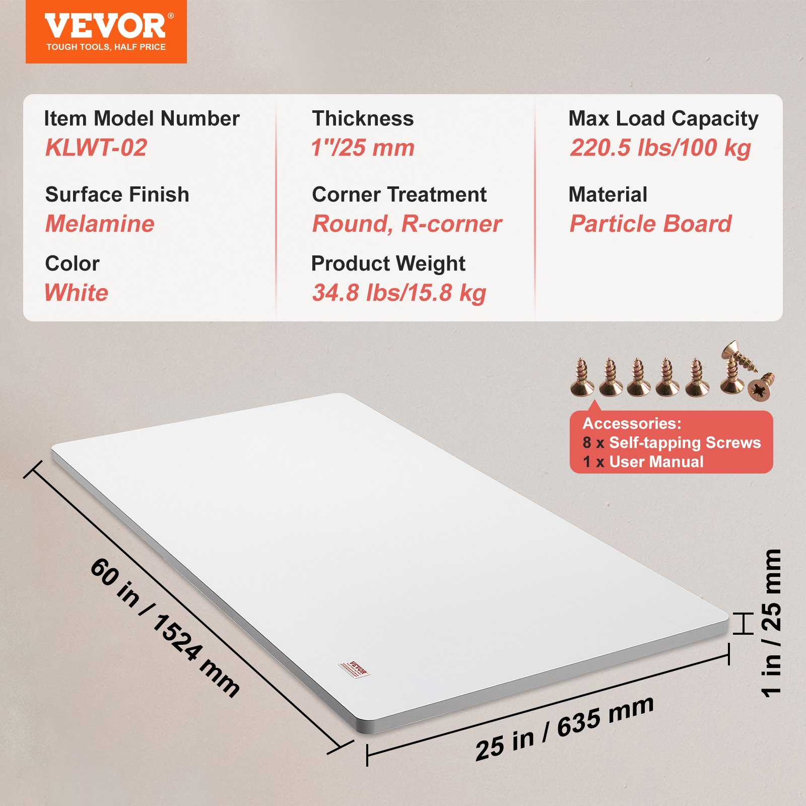 VEVOR Table Top, Holds up to 220.5 lbs, 60" x 25" x 1" Rectangular Countertop for Height Adjustable Electric Standing Desk Frame, Universal One-Piece Particle Board Desktop for Office & Home Desk