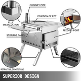 VEVOR Tent Wood Stove 17.5x14.7x10.6 inch, Camping Wood Stove 304 Stainless Steel With Folding Pipe, Portable Wood Stove 95.7 inch Total Height For Camping, Tent Heating, Hunting, Outdoor Cooking