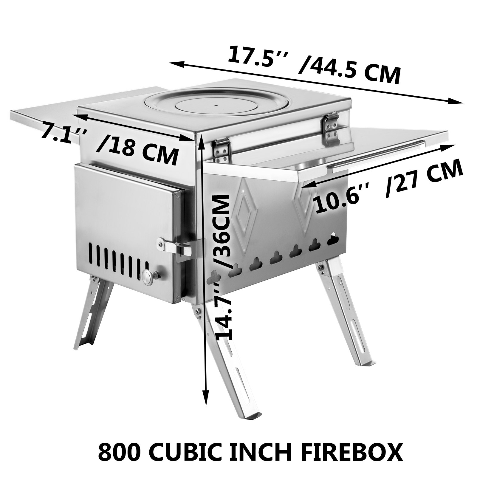 VEVOR Tent Wood Stove 17.5x14.7x10.6 inch, Camping Wood Stove 304 Stainless Steel With Folding Pipe, Portable Wood Stove 95.7 inch Total Height For Camping, Tent Heating, Hunting, Outdoor Cooking