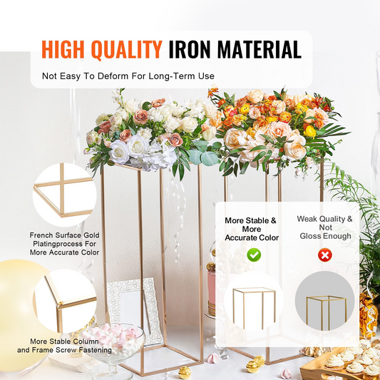 VEVOR 2PCS 31.5inch High Wedding Flower Stand, Metal Vase Column Geometric Centerpiece Stands, Gold Rectangular Floral Display Rack for T-Stage Events Reception, Party Decoration Home