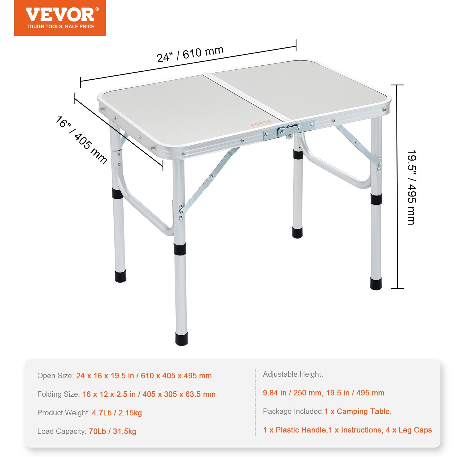 VEVOR Folding Camping Table, Adjustable Height Outdoor Portable Side Tables, Lightweight Fold Up Table, Aluminum & MDF Ultra Compact Work Table, For Cooking, Beach, Picnic, Travel, 24x16 inch, Silver