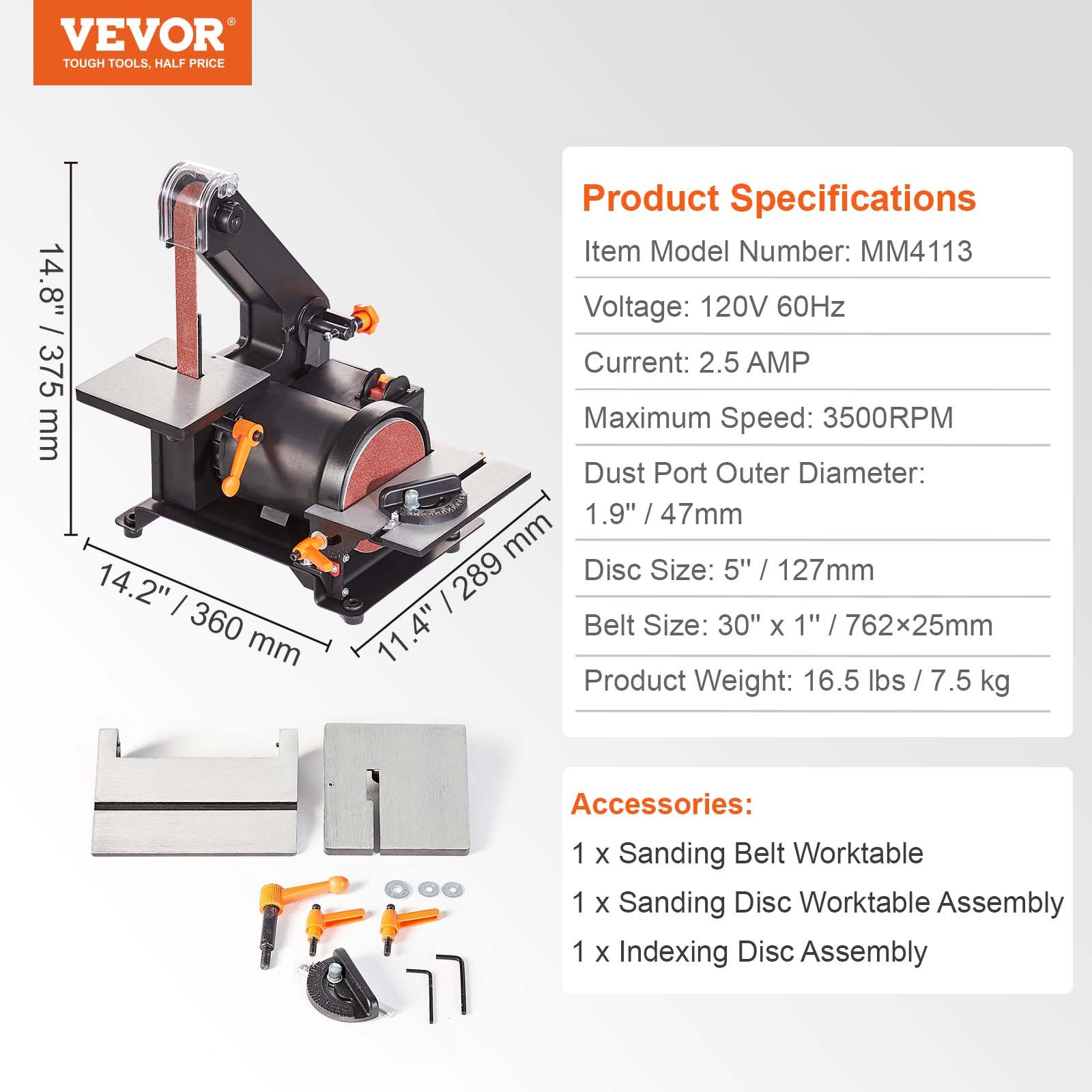 VEVOR 5" Disc Sander and 1" x 30" Belt Sander Combo with 2.5A Induction Motor, Powerful Woodworking Bench Sander with 0-45° Adjustable Cast Aluminum Work Table