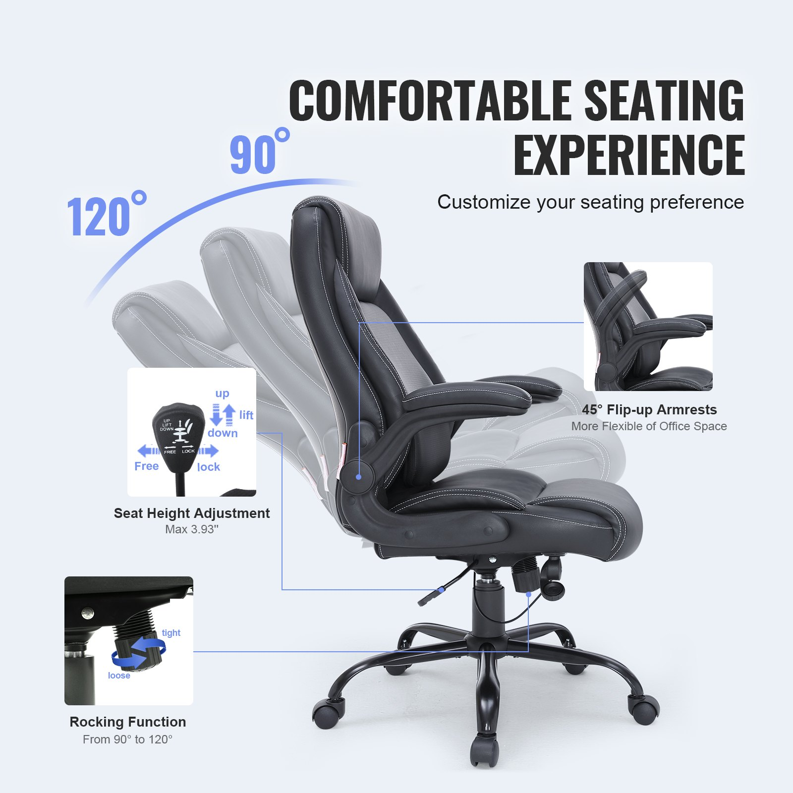 VEVOR Executive Office Chair with Cutting-edge Adjustable Lumbar Support, High Back PU Leather Office Chair Ergonomic for Back Pain, with Padded Flip-up Arms