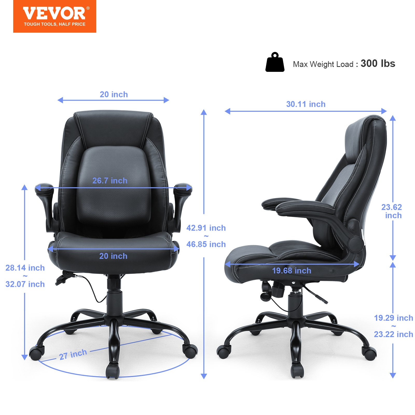 VEVOR Executive Office Chair with Cutting-edge Adjustable Lumbar Support, High Back PU Leather Office Chair Ergonomic for Back Pain, with Padded Flip-up Arms