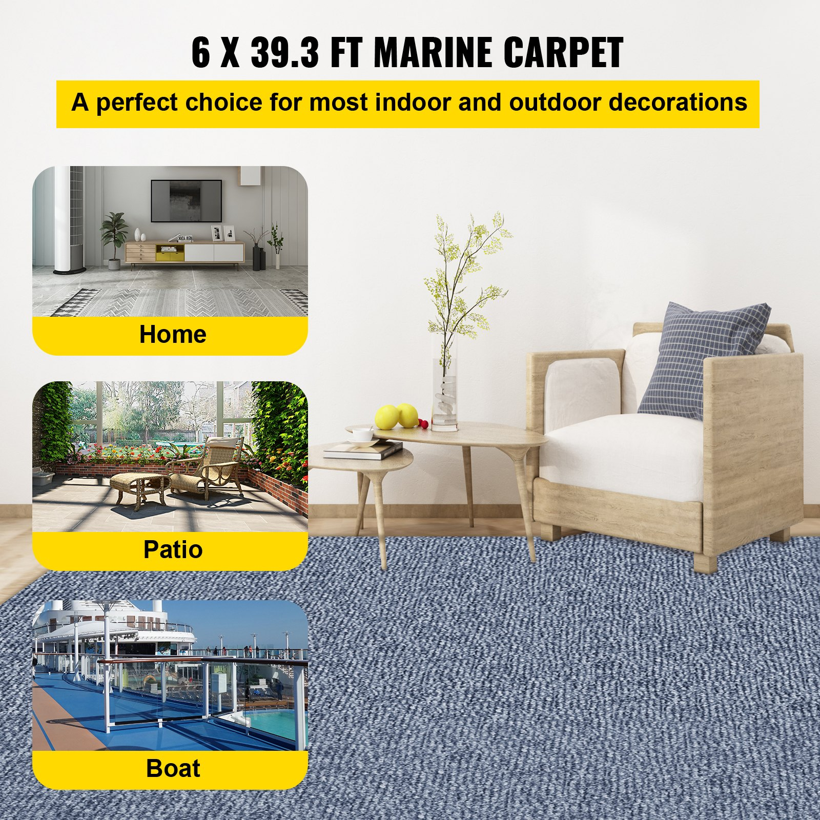 VEVOR Gray Marine Carpet 6 ft x 39.3 ft Marine Carpeting Marine Grade Carpet for Boats with Waterproof Back Outdoor Rug for Patio Porch Deck Garage Outdoor Area Rug Runner Anti-Slide Porch Rug