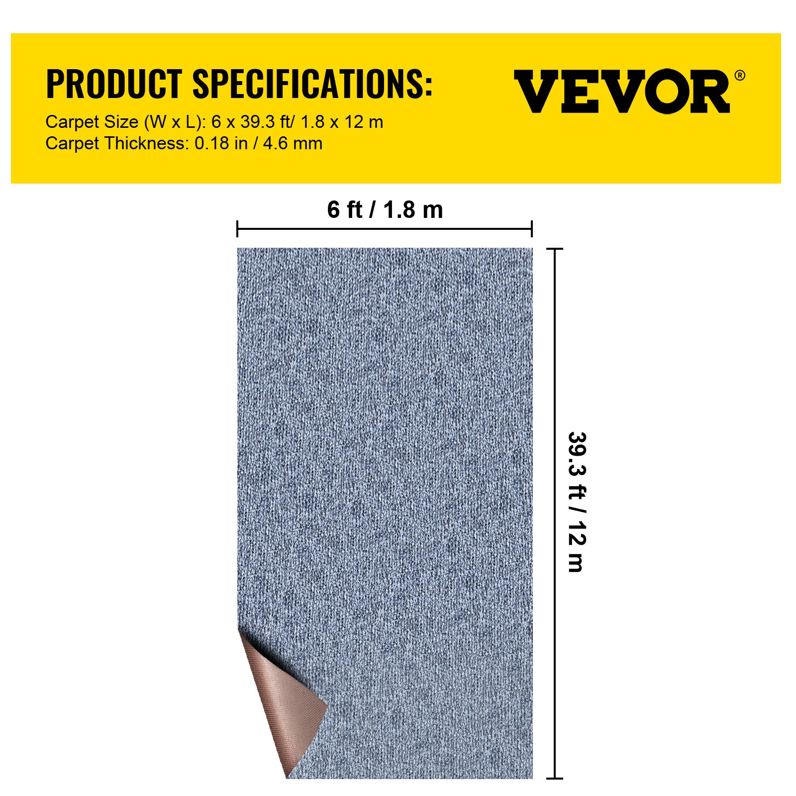 VEVOR Gray Marine Carpet 6 ft x 39.3 ft Marine Carpeting Marine Grade Carpet for Boats with Waterproof Back Outdoor Rug for Patio Porch Deck Garage Outdoor Area Rug Runner Anti-Slide Porch Rug