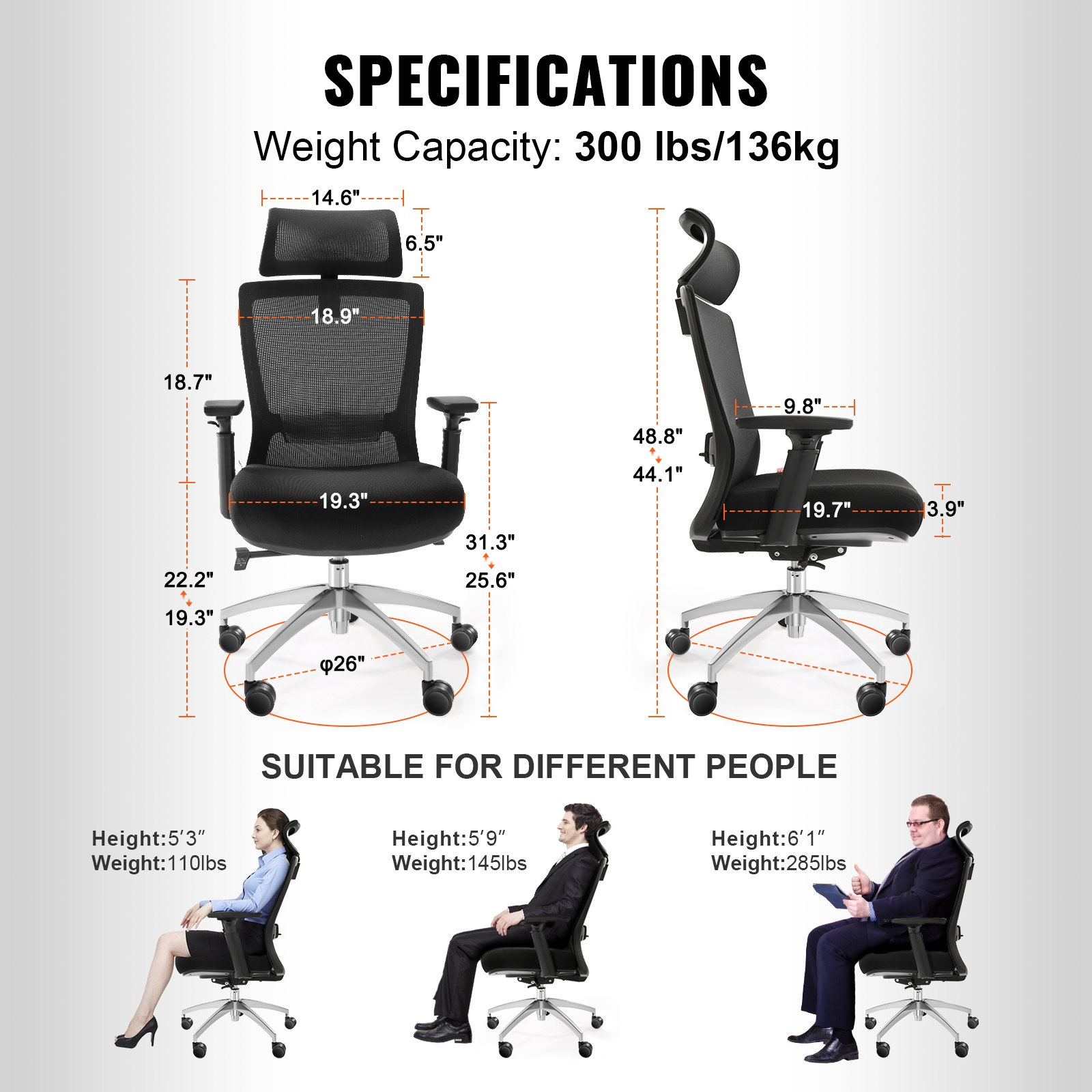 VEVOR Ergonomic Office Chair with Slide Seat, Desk Chair with Mesh Seat, Angle and Height Adjustable Home Office Chair with Back and Lumbar Support, Swivel Computer Task Chair