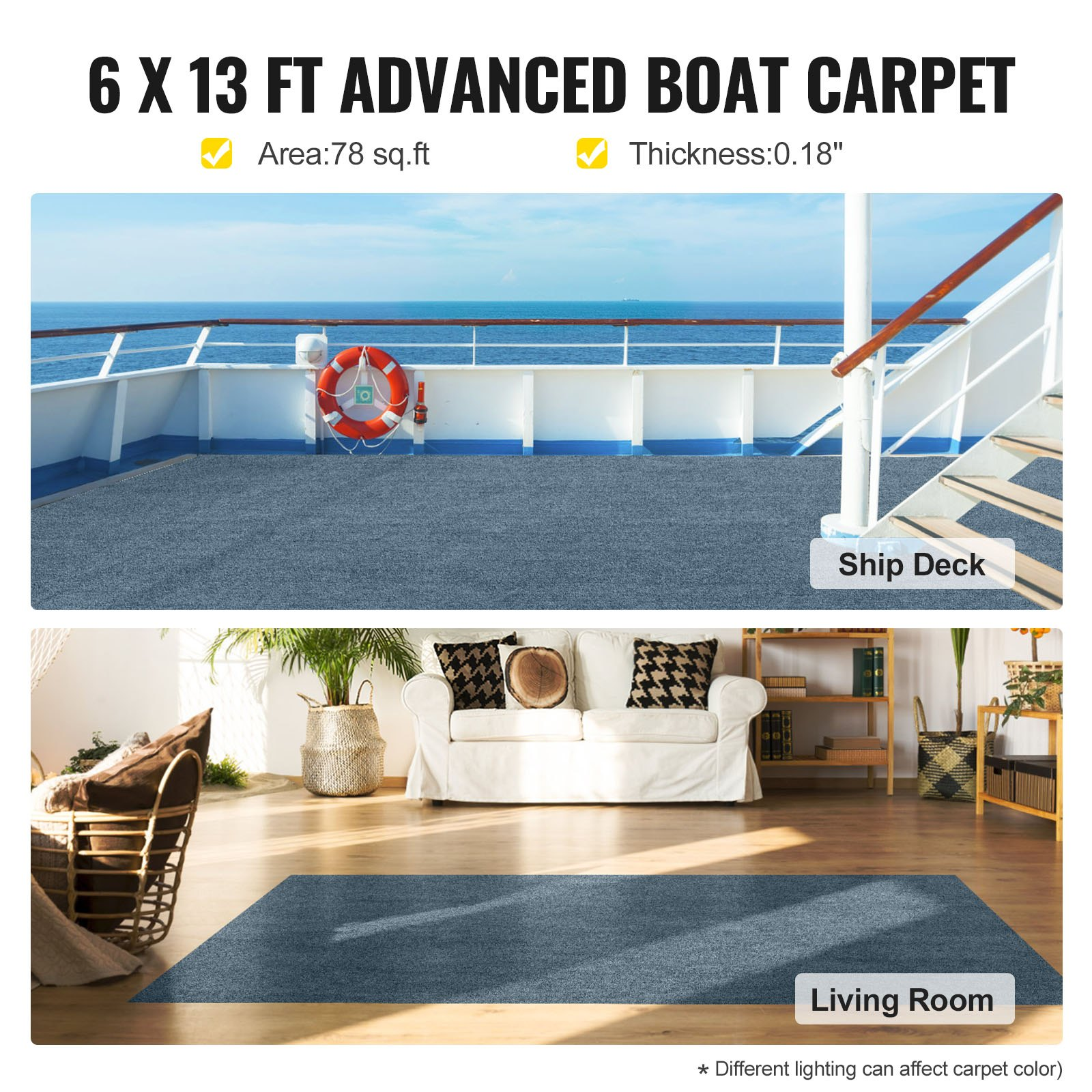 VEVOR Gray Marine Carpet 6 ft x 13.1 ft Boat Carpet Rugs Indoor Outdoor Rugs for Patio Deck Anti-Slide TPR Water-Proof Back Cut Outdoor Marine Carpeting Easy Clean Outdoor Carpet Roll