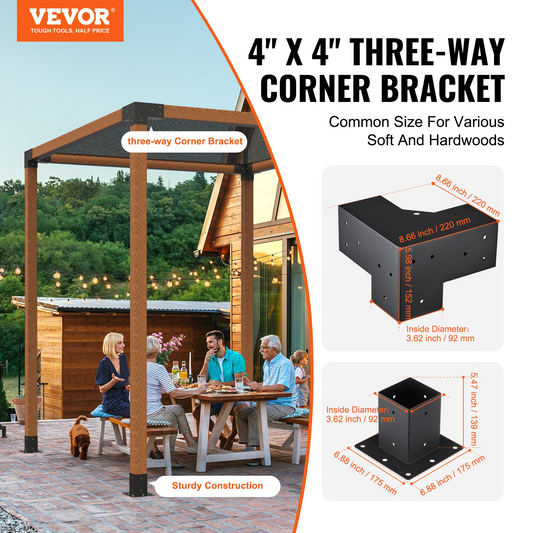 VEVOR Pergola Bracket Kit 4''x4'', 8pcs 3-Way Heavy Duty Corner Bracket Woodworks DIY Post Base Kit, Easy Installation Wooden Beams for Gazebos, Patio Pergolas, Log Cabin Outdoor Pergola Hardware