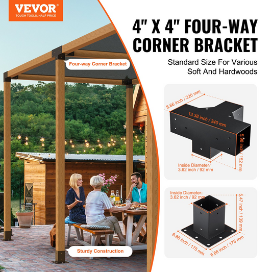 VEVOR Pergola Bracket Kit 4''x4'', 4pcs 4-Way Heavy Duty Corner Bracket Woodworks DIY Post Base Kit, Easy Installation Wooden Beams for Gazebos, Patio Pergolas, Log Cabin Outdoor Pergola Hardware