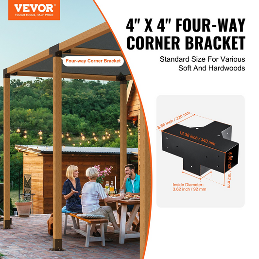 VEVOR Pergola Bracket Kit 4''x4'', 2pcs 4-Way Heavy Duty Corner Bracket Woodworks DIY Post Base Kit, Easy Installation Wooden Beams for Gazebos, Patio Pergolas, Log Cabin Outdoor Pergola Hardware