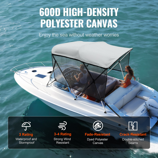 VEVOR 3 Bow Bimini Top Boat Cover, Detachable Mesh Sidewalls, 600D Polyester Canopy with 1" Aluminum Alloy Frame, Includes Storage Boot, 2 Support Poles, 2 Straps, 6'L x 46"H x 61"-66"W, Light Grey