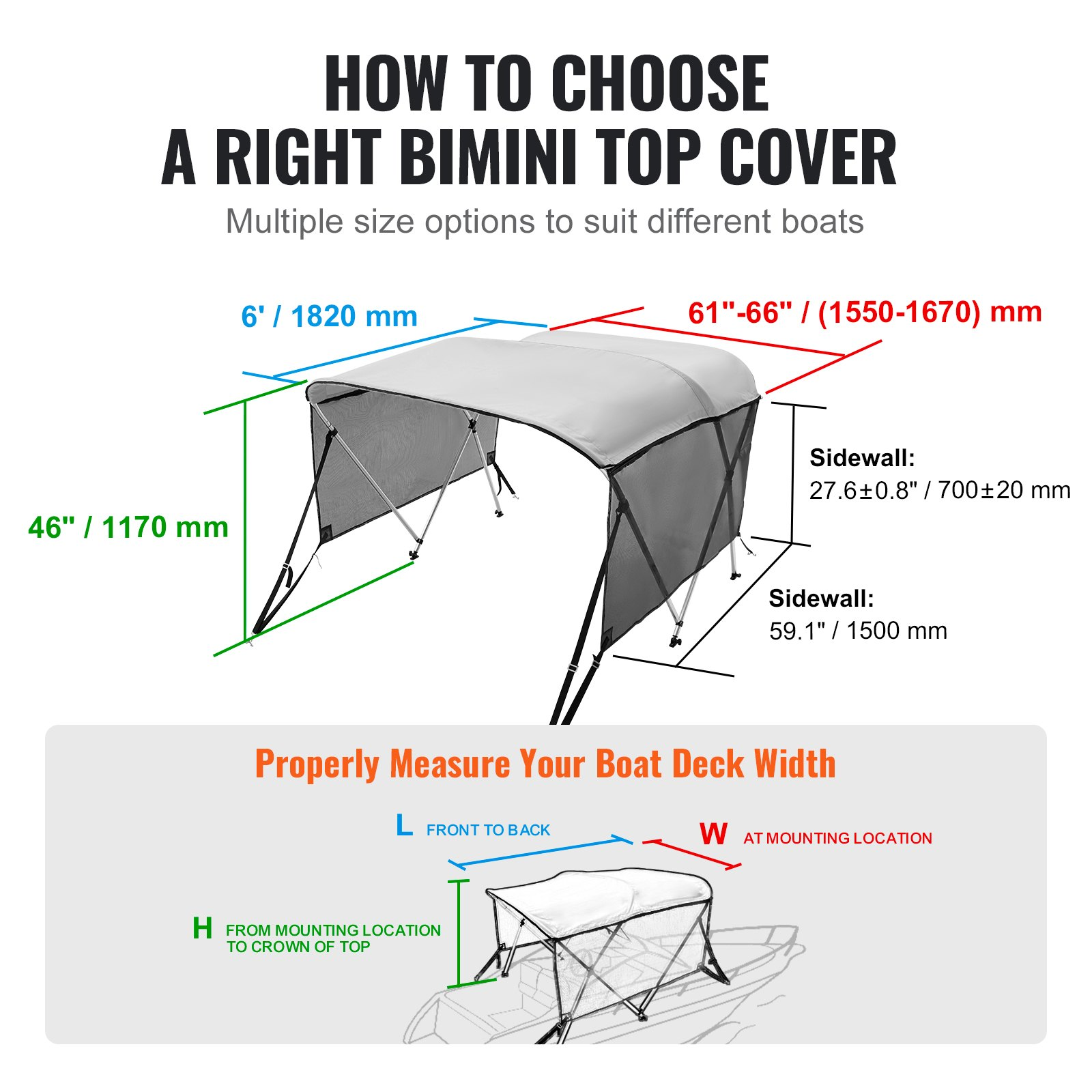 VEVOR 3 Bow Bimini Top Boat Cover, Detachable Mesh Sidewalls, 600D Polyester Canopy with 1" Aluminum Alloy Frame, Includes Storage Boot, 2 Support Poles, 2 Straps, 6'L x 46"H x 61"-66"W, Light Grey