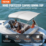 VEVOR 3 Bow Bimini Top Boat Cover, 900D Polyester Canopy with 1" Aluminum Alloy Frame, Waterproof and Sun Shade, Includes Storage Boot, 2 Support Poles, 4 Straps, 6'L x 46"H x 67"-72"W, Light Grey