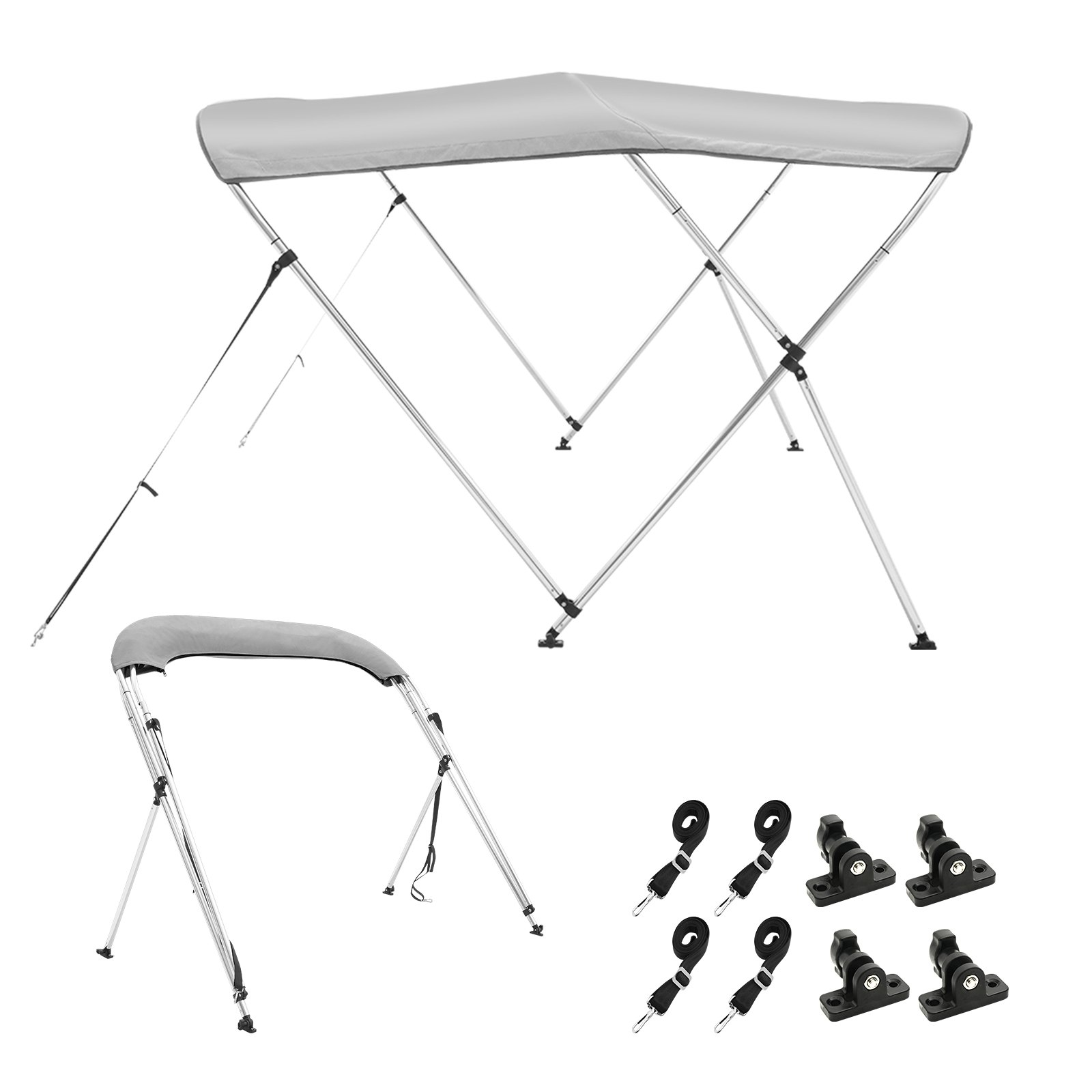 VEVOR 3 Bow Bimini Top Boat Cover, 900D Polyester Canopy with 1" Aluminum Alloy Frame, Waterproof and Sun Shade, Includes Storage Boot, 2 Support Poles, 4 Straps, 6'L x 46"H x 67"-72"W, Light Grey