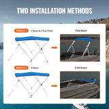 VEVOR 3 Bow Bimini Top Boat Cover, 900D Polyester Canopy with 1" Aluminum Alloy Frame, Waterproof and Sun Shade, Includes Storage Boot, 4 Straps, 2 Support Poles, 6'L x 46"H x 61"-66"W, Pacific Blue