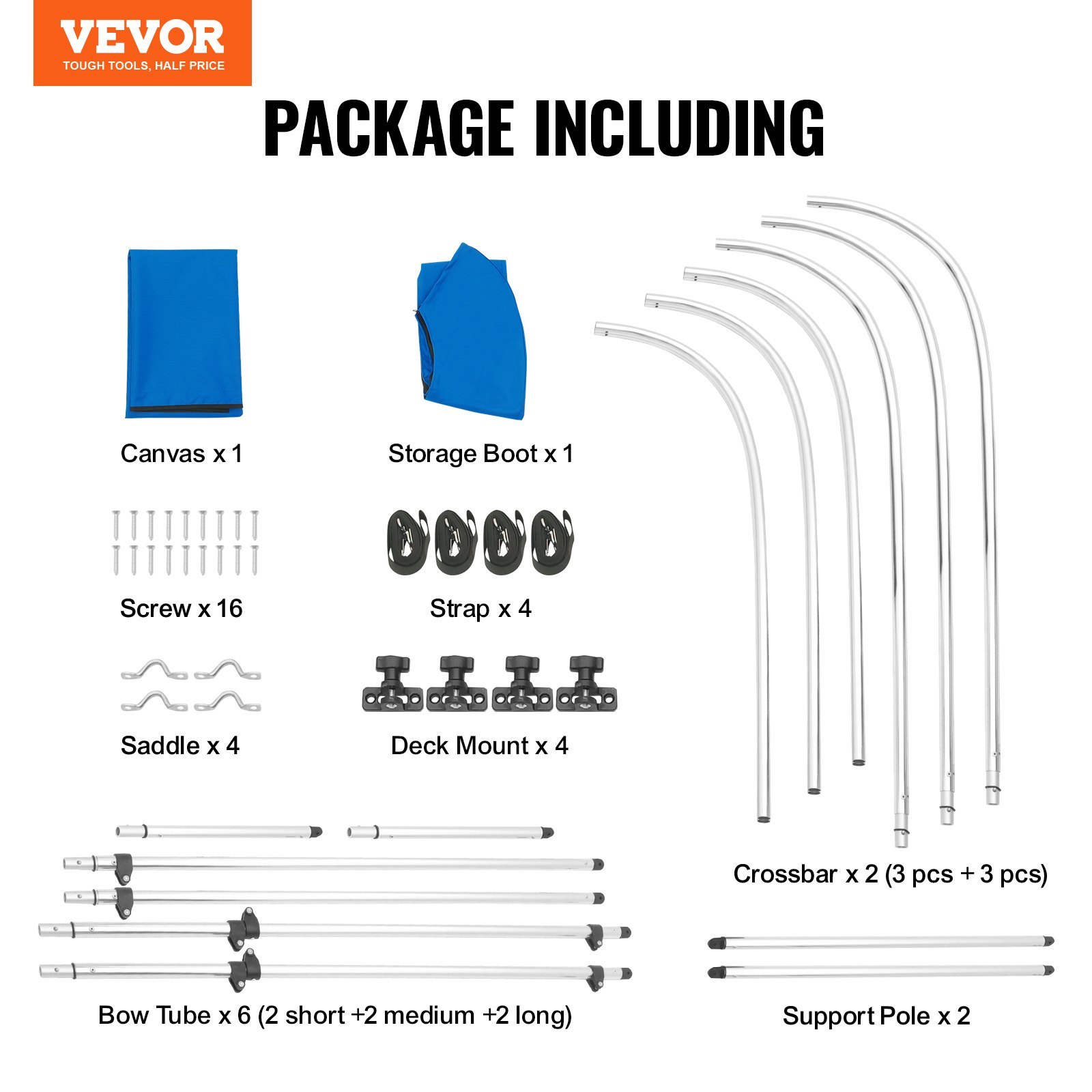 VEVOR 3 Bow Bimini Top Boat Cover, 900D Polyester Canopy with 1" Aluminum Alloy Frame, Waterproof and Sun Shade, Includes Storage Boot, 4 Straps, 2 Support Poles, 6'L x 46"H x 61"-66"W, Pacific Blue