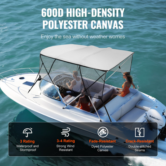 VEVOR 4 Bow Bimini Top Boat Cover, Detachable Mesh Sidewalls, 600D Polyester Canopy with 1" Aluminum Alloy Frame, Includes Storage Boot, 2 Straps, 2 Support Poles, 8'L x 54"H x 91"-96"W, Light Grey