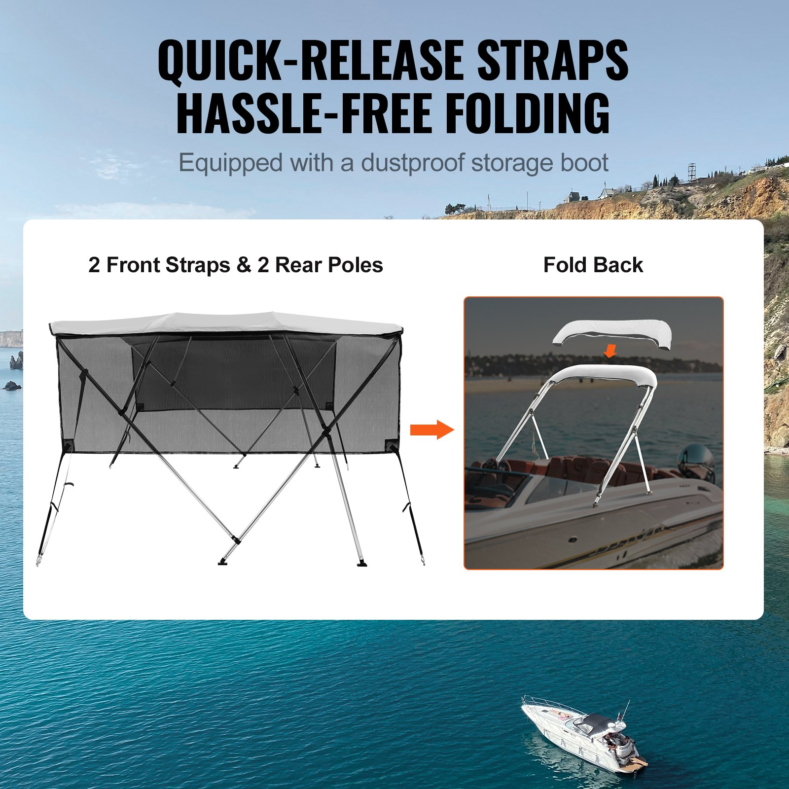 VEVOR 4 Bow Bimini Top Boat Cover, Detachable Mesh Sidewalls, 600D Polyester Canopy with 1" Aluminum Alloy Frame, Includes Storage Boot, 2 Straps, 2 Support Poles, 8'L x 54"H x 91"-96"W, Light Grey