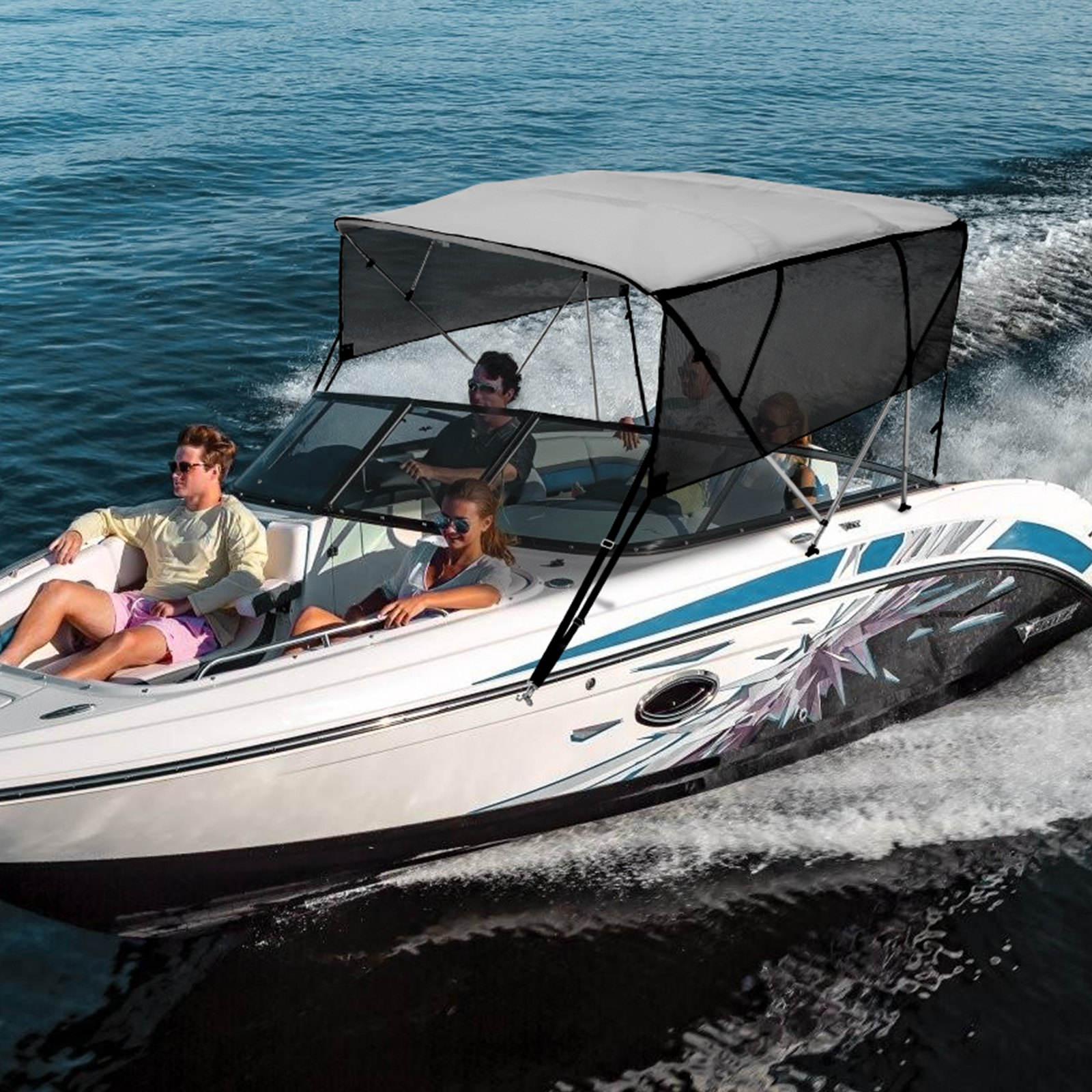 VEVOR 4 Bow Bimini Top Boat Cover, Detachable Mesh Sidewalls, 600D Polyester Canopy with 1" Aluminum Alloy Frame, Includes Storage Boot, 2 Straps, 2 Support Poles, 8'L x 54"H x 91"-96"W, Light Grey