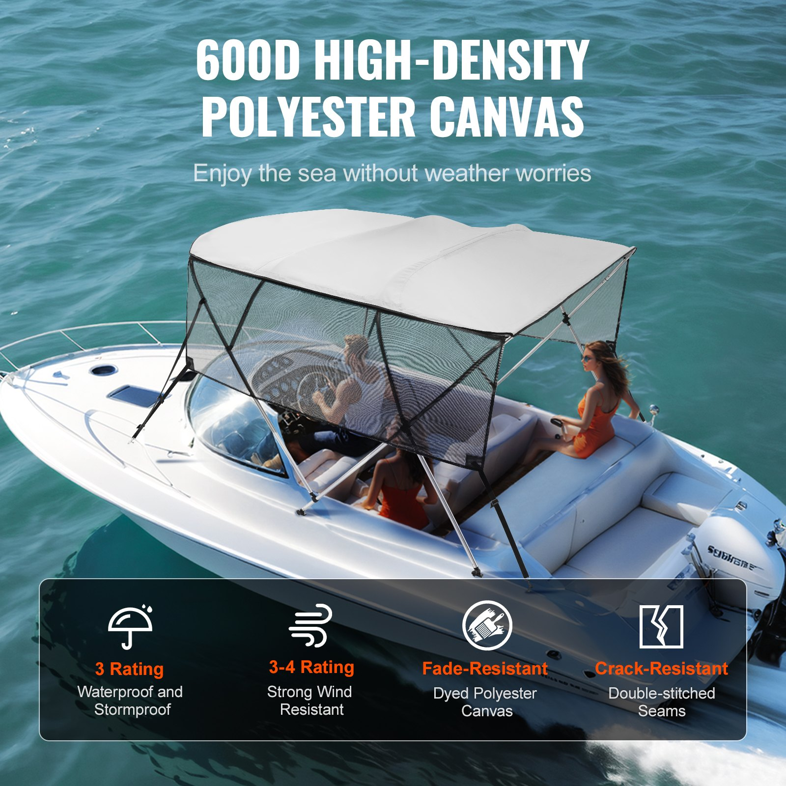 VEVOR 4 Bow Bimini Top Boat Cover, Detachable Mesh Sidewalls, 600D Polyester Canopy with 1" Aluminum Alloy Frame, Includes Storage Boot, 2 Straps, 2 Support Poles, 8'L x 54"H x 79"-84"W, Light Grey