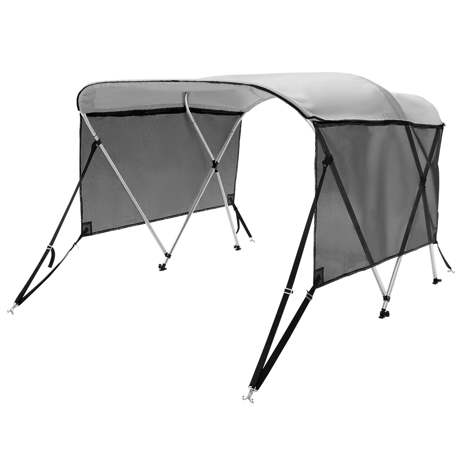 VEVOR 3 Bow Bimini Top Boat Cover, Detachable Mesh Sidewalls, 600D Polyester Canopy with 1" Aluminum Alloy Frame, Includes Storage Boot, 2 Support Poles, 2 Straps, 6'L x 46"H x 61"-66"W, Light Grey