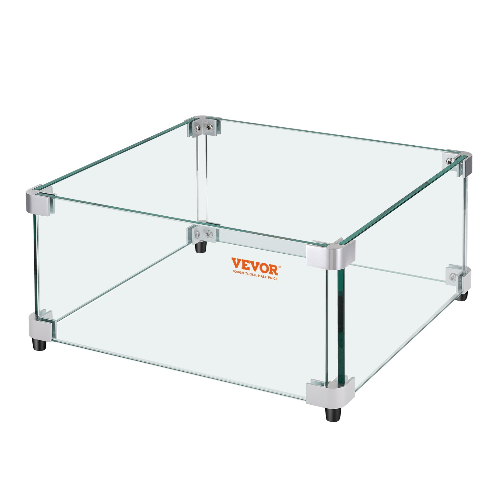 VEVOR Gas Fire Pit Wind Guard for Square Fire Table, 21 x 21 x 7.5 inch Clear Tempered Wind Guard for Firepits, 0.31 inch Thick Square Glass Shield, Glass Panel with Hard Corner Bracket & Feet