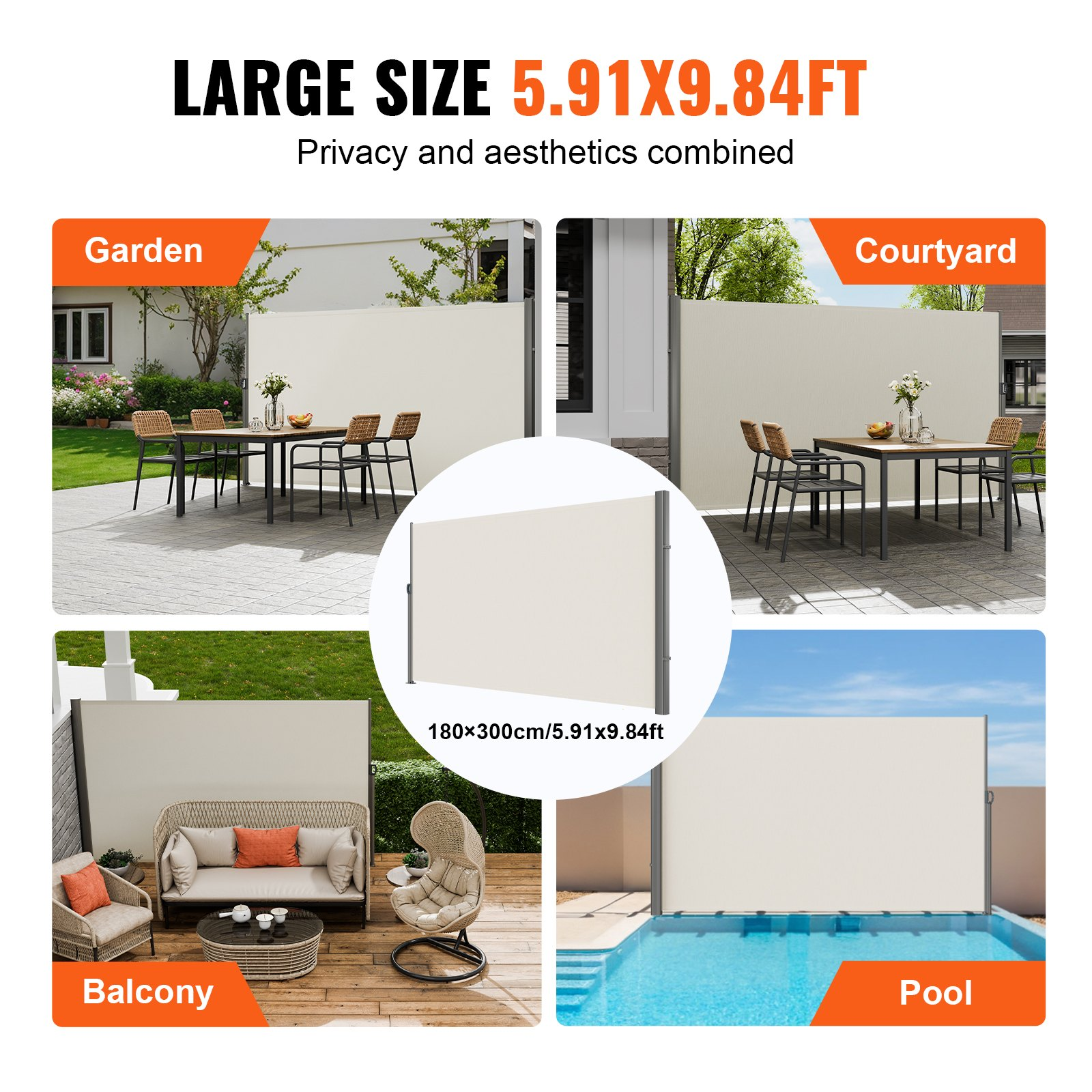 VEVOR Beige Retractable 71''*118'' Awning-Rugged Full Aluminum Rust-Proof; Patio Sunshine Screen; Privacy Divider; Wind Screen. Longer Service Life, Suitable for Courtyard, Roof Terraces and Pools