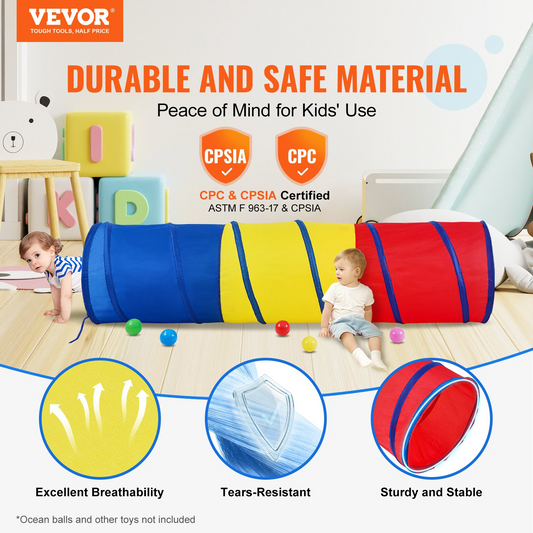 VEVOR Kids Play Tunnel Tent for Toddlers, Colorful Pop Up Crawl Tunnel Toy for Baby or Pet, Collapsible Gift for Boy and Girl Play Tunnel Indoor and Outdoor Game Red/Yellow/Blue Multicolor