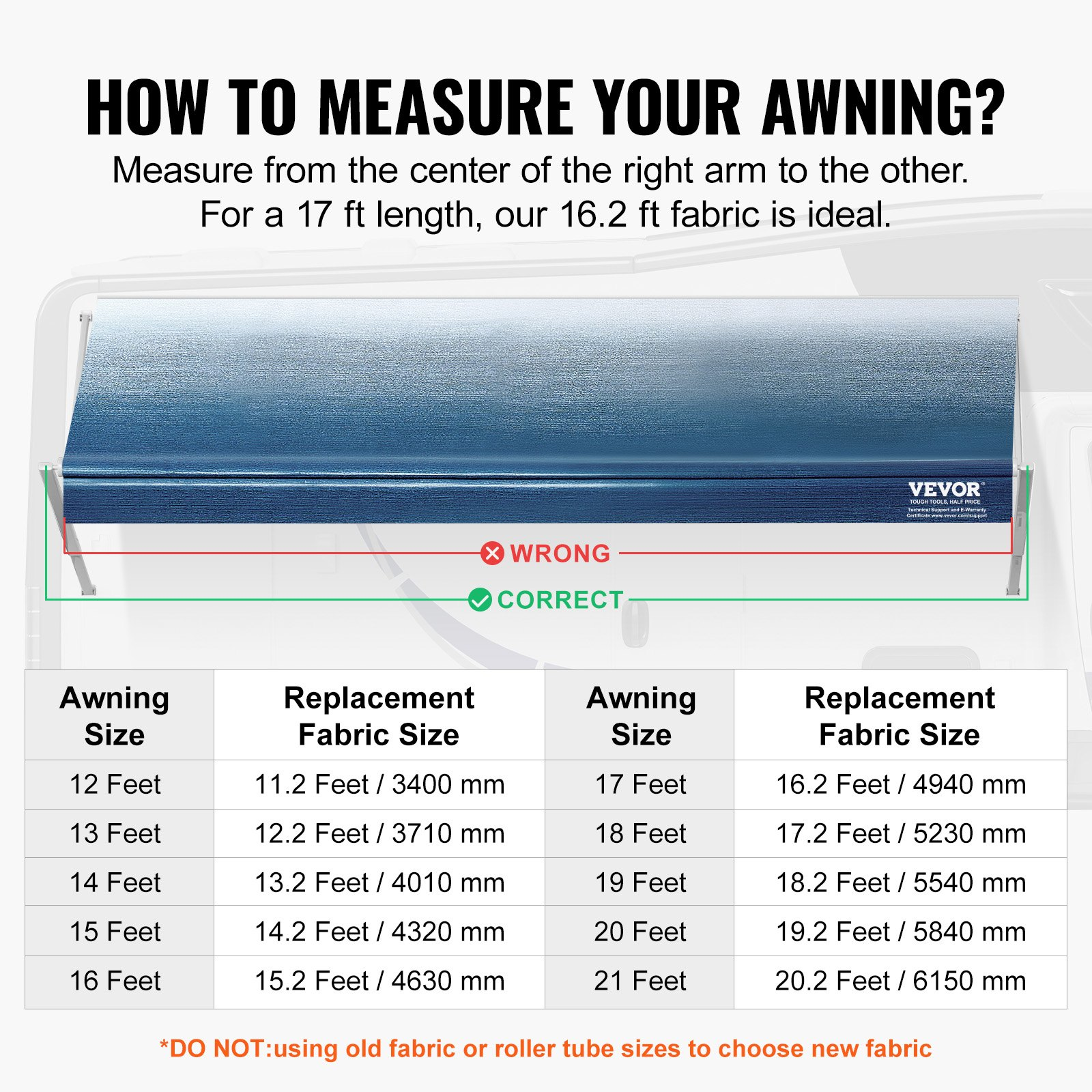 VEVOR RV Awning Fabric Replacement, 16'2" Fabric Length for 17' Awning, Heavy Duty 3-Ply 16oz PVC Camper Awning Fabric, Waterproof & UV Protection Outdoor Canopy for RV, Trailer, Motorhome, Blue Fade