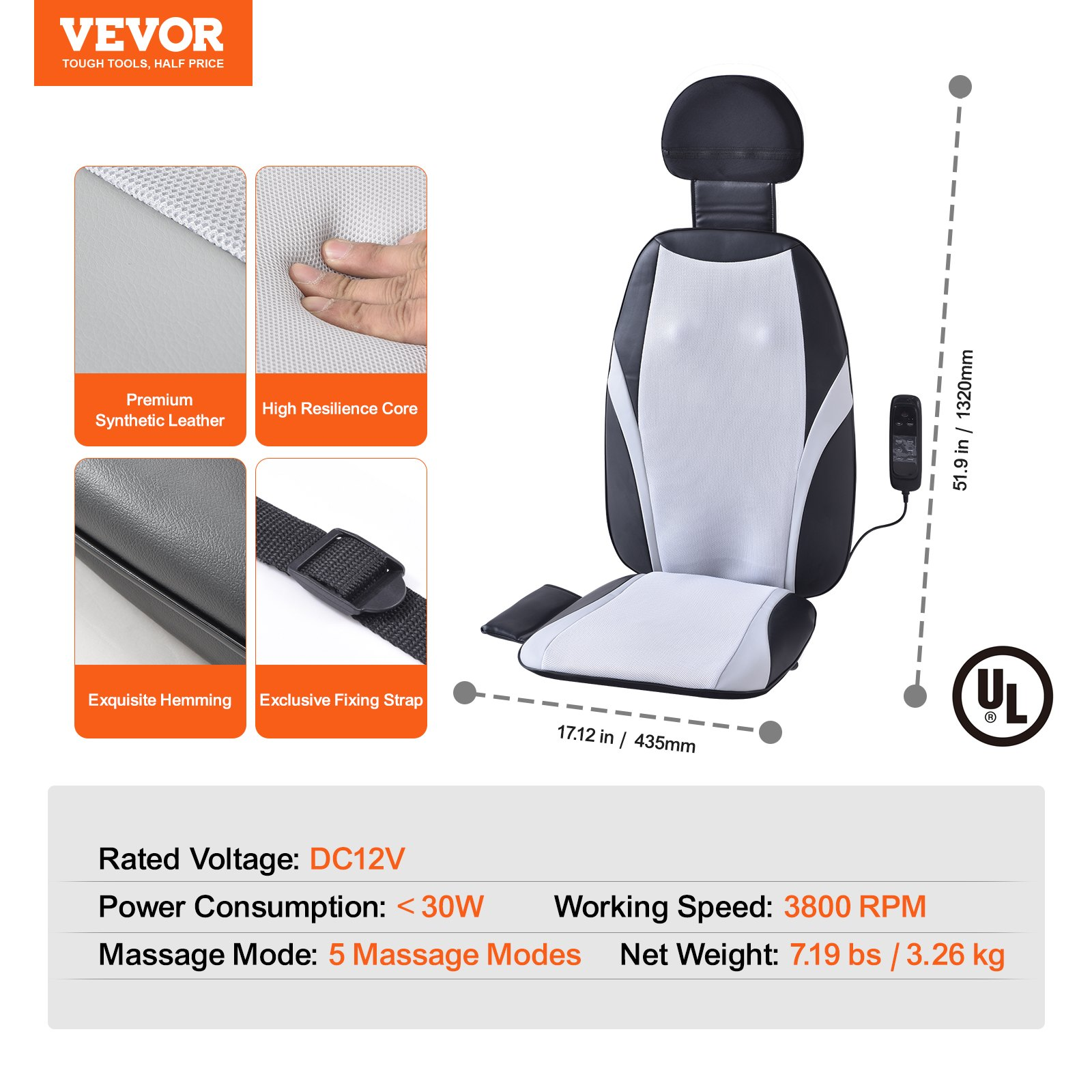 VEVOR Shiatsu Back Massager with Heat, Massage Seat Cushion with 2-Group Back Shiatsu Rollers and 2 Seat Vibration Motors, Fatigue Relief Seat Massage Chair Pad with 5 Vibration Modes for Home Office